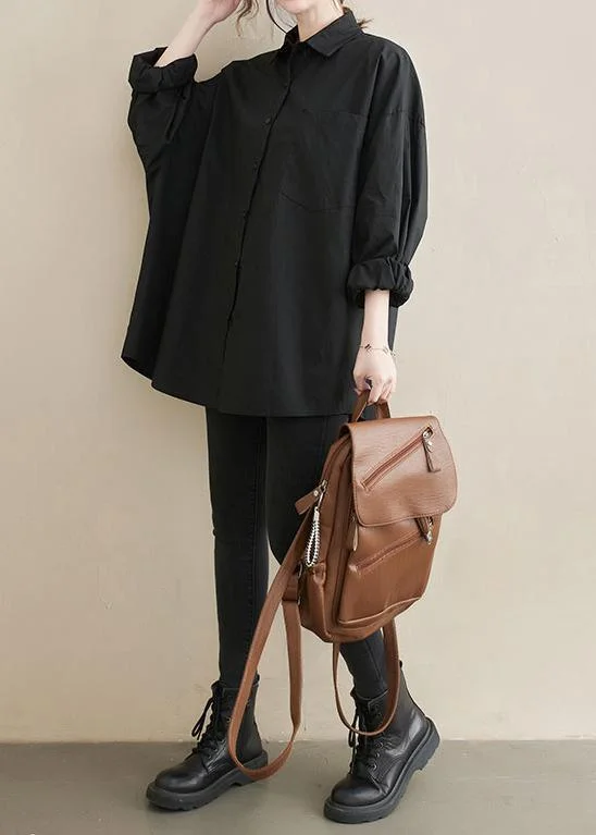 Art Lapel Pockets Spring Tunic Top Shirts Black Top