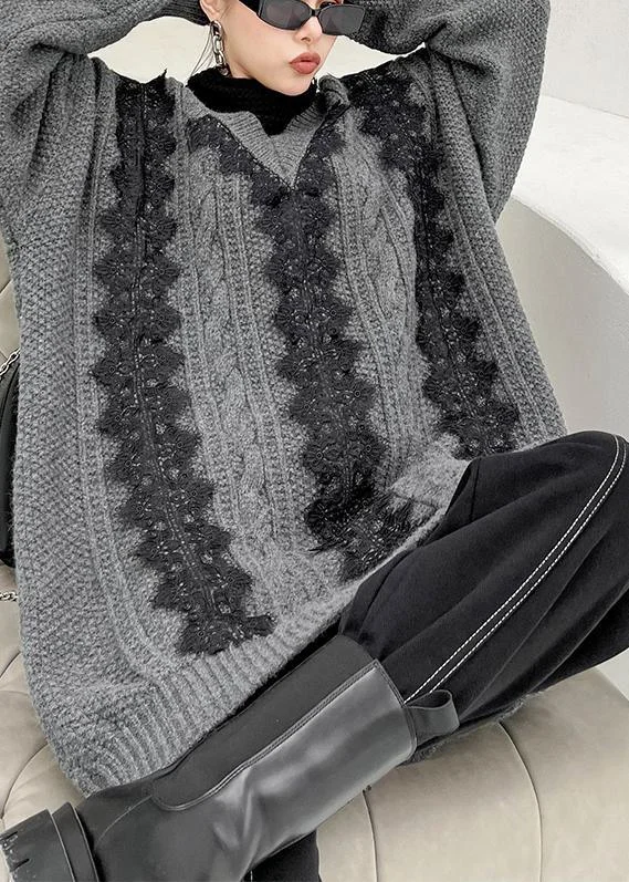 Chunky Gray Knitted Pullover V Neck Lace Casual Knitted Blouse