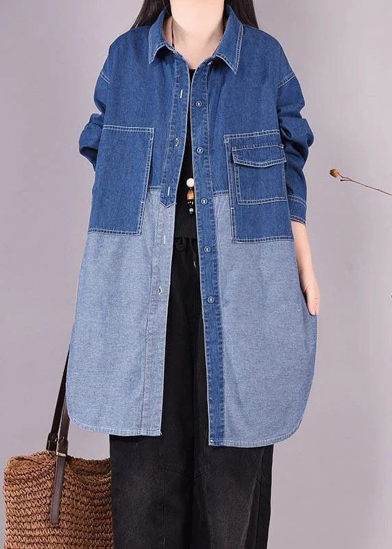 Bohemian Denim Light Blue Long Shirts Lapel Patchwork Oversized Blouse