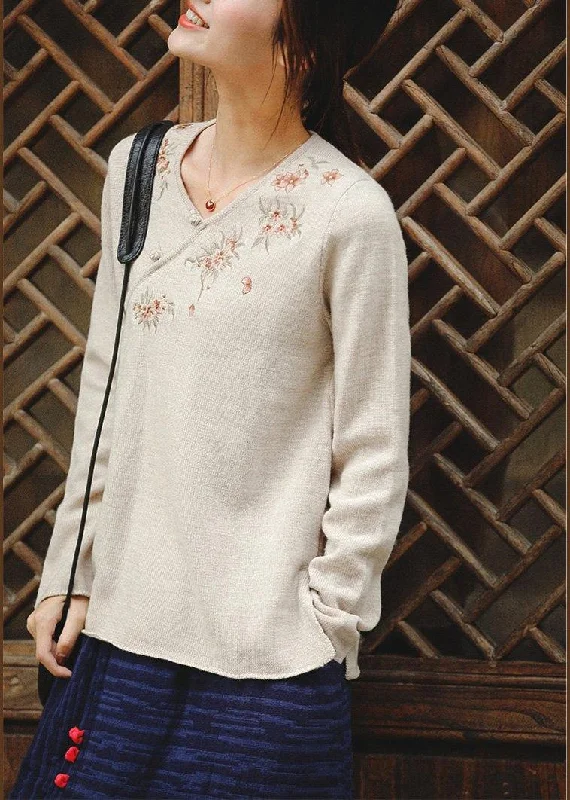 Cozy Nude Embroidery Knitted T Shirt V Neck Trendy Plus Size Spring Knitted Blouse