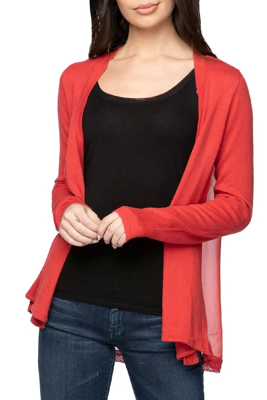 Effortless Chiffon Panel Back Sweater Knit Cardigan