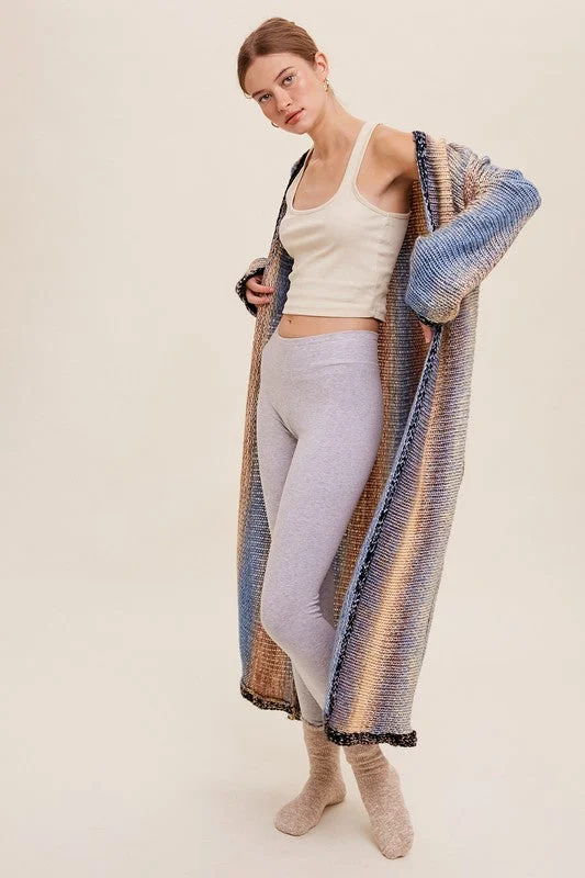 Multi Color Gradation Long Knit Open Cardigan