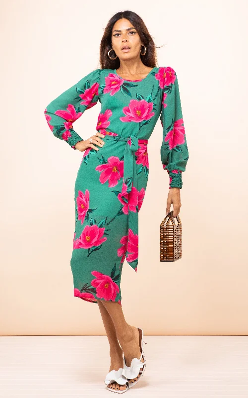 Sabina Midi Dress in Pink on Green Tulip