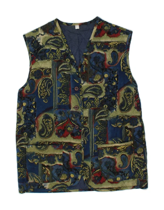 VINTAGE Womens Quilted Gilet EU 42 Large Blue Paisley