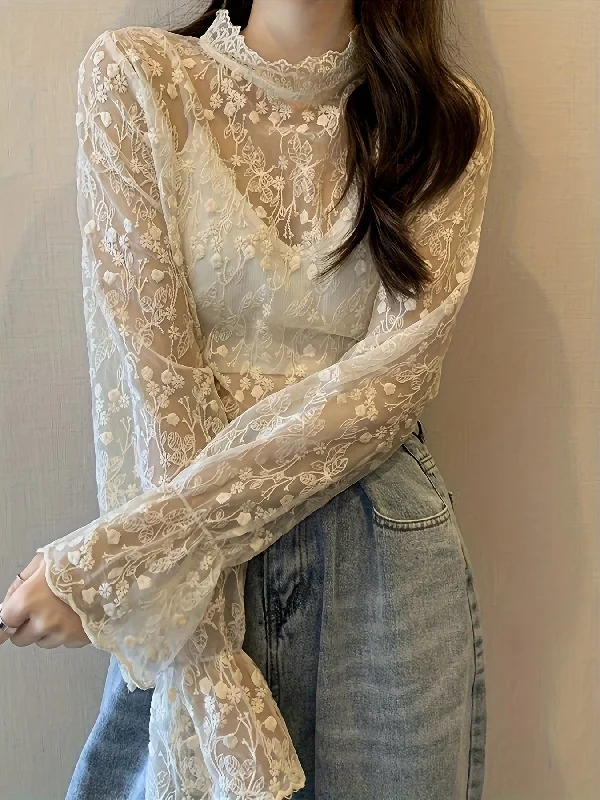 Sixsr Guipure Lace Overlay Flare Sleeve Blouse, Casual Mock Neck Long Sleeve Blouse, Women's Clothing