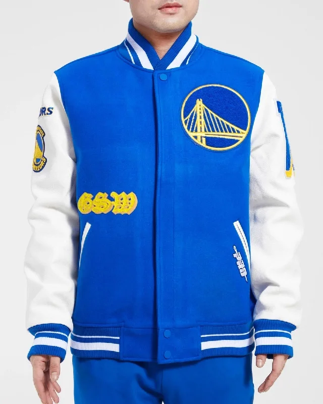 NBA GOLDEN STATE WARRIORS OLD ENGLISH WOOL MEN'S VARSITY JACKET (ROYAL BLUE/WHITE)