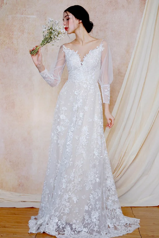 A-Line Sweep-Brush Train Lace Wedding Dress CW3032