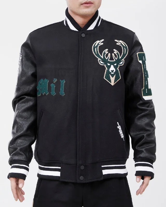 NBA MILWAUKEE BUCKS OLD ENGLISH WOOL MEN'S VARSITY JACKET (BLACK)