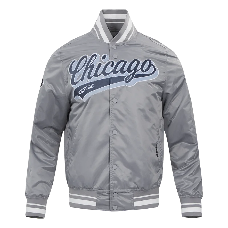 MLB CHICAGO WHITE SOX SCRIPT TAIL MEN'S SATIN JACKET (GRAY)