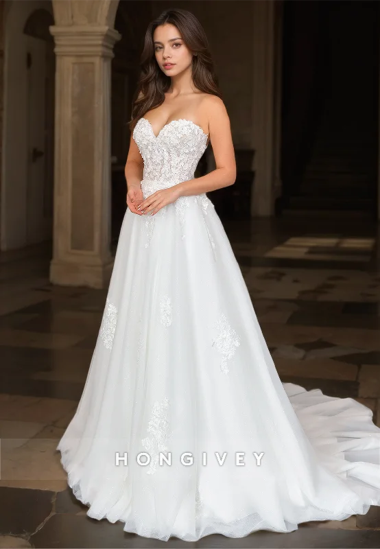 Sexy Tulle A-Line Sweetheart Strapless Illusion Empire Appliques With Train Wedding Dress