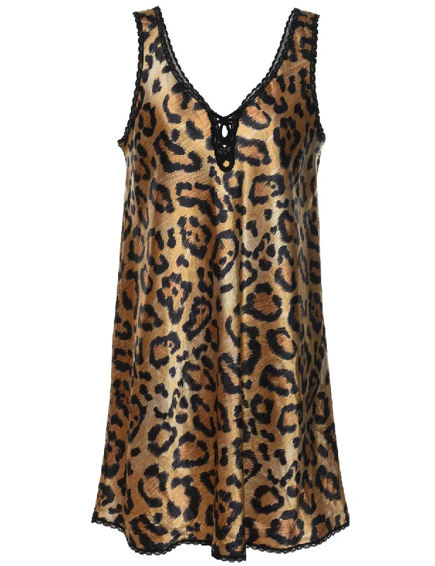 Leopard Pattern1990s Silky Slip Dress - L