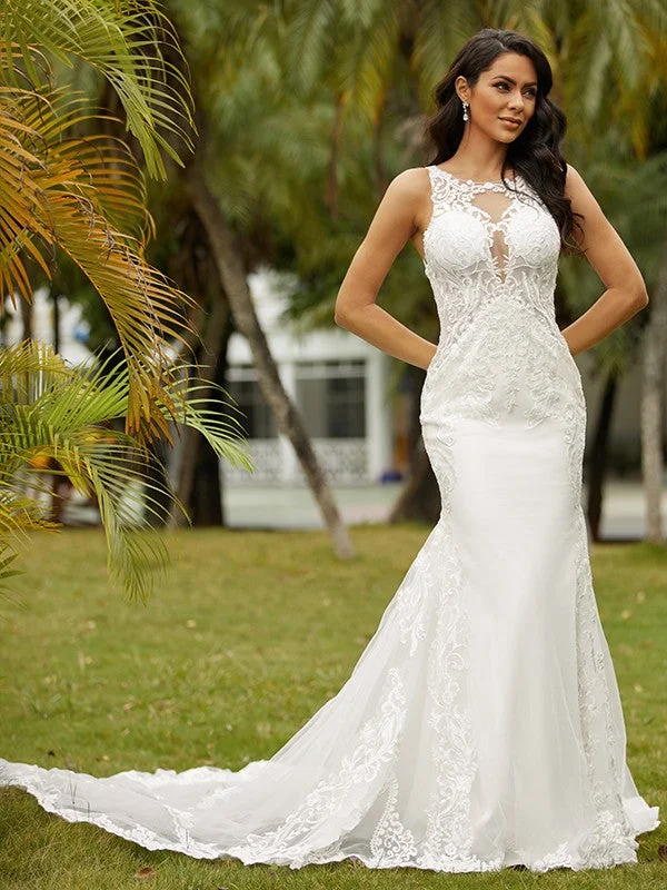 Sheath/Column Stretch Crepe Lace Scoop Sleeveless Cathedral Train Wedding Dresses