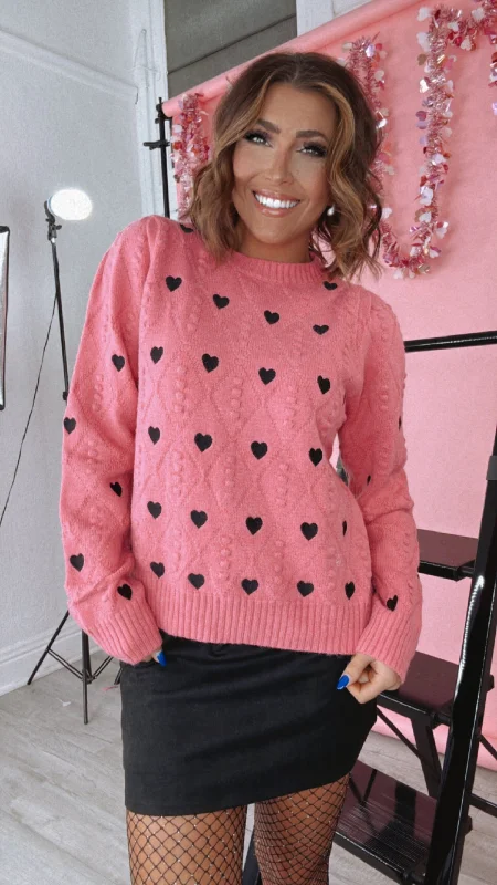 XOXO Heart Embroidered Pom Detailed Sweater, Pink/Black