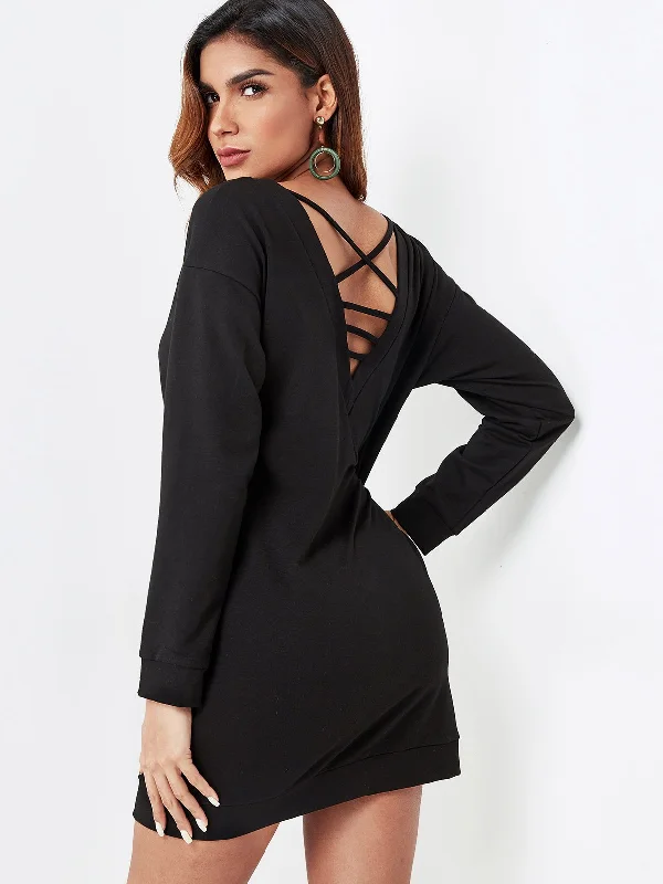 Wholesale Black Round Neck V-Neck Long Sleeve Plain Criss-Cross Mini Dress