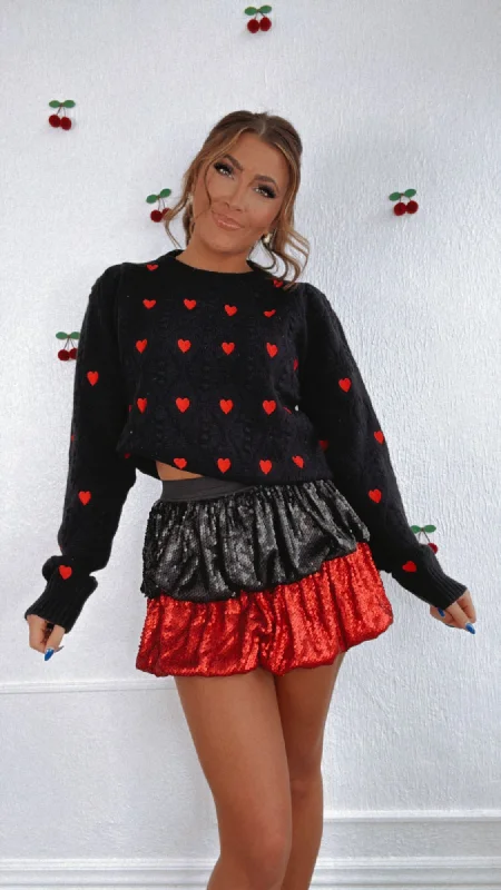 XOXO Heart Embroidered Pom Detailed Sweater, Black/Red