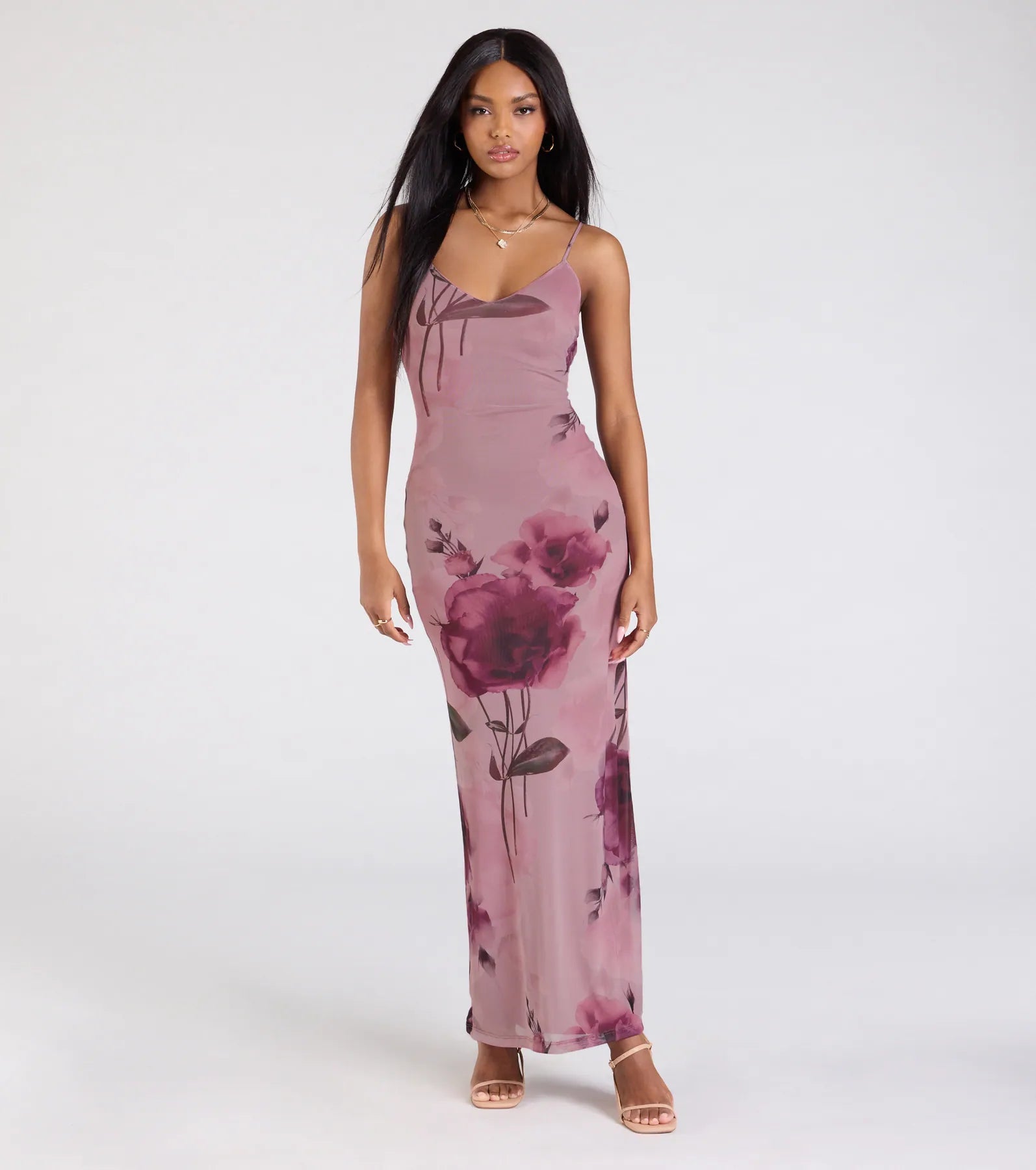 Love Language Floral Print Mesh Maxi Dress