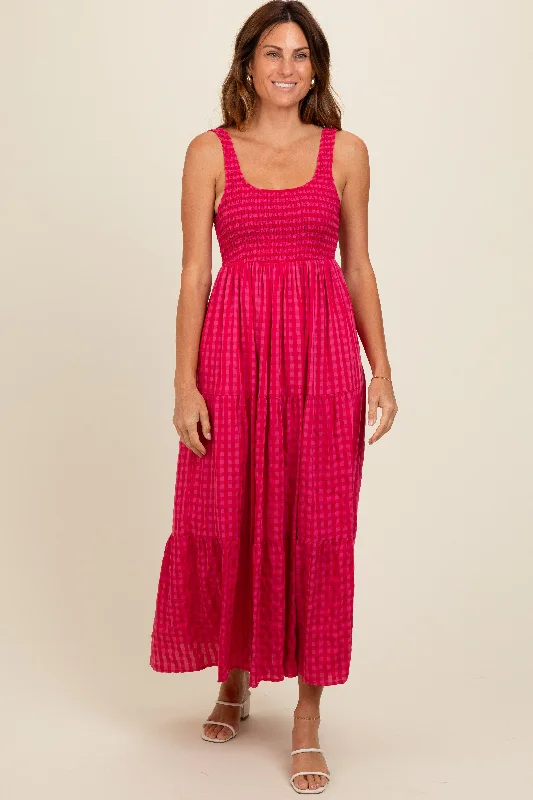 Coral Plaid Tiered Maxi Dress