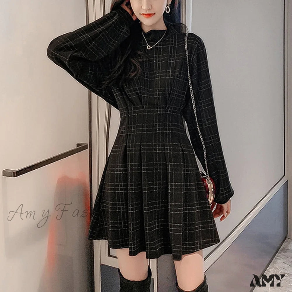 Amy Fashion - Stand Collar Long Sleeve Balck Plaid Pleat Ruched Mini Dress