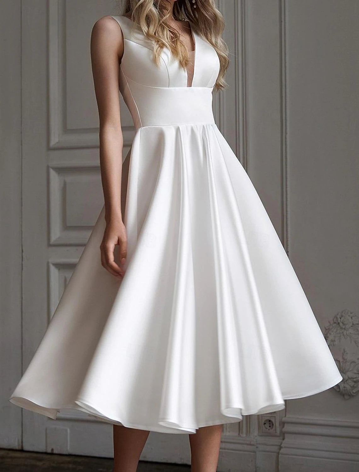 DingJiDress A-Line Cocktail Dresses Elegant Dress Wedding Wedding Guest Tea Length Sleeveless V Neck Satin V Back with Pleats