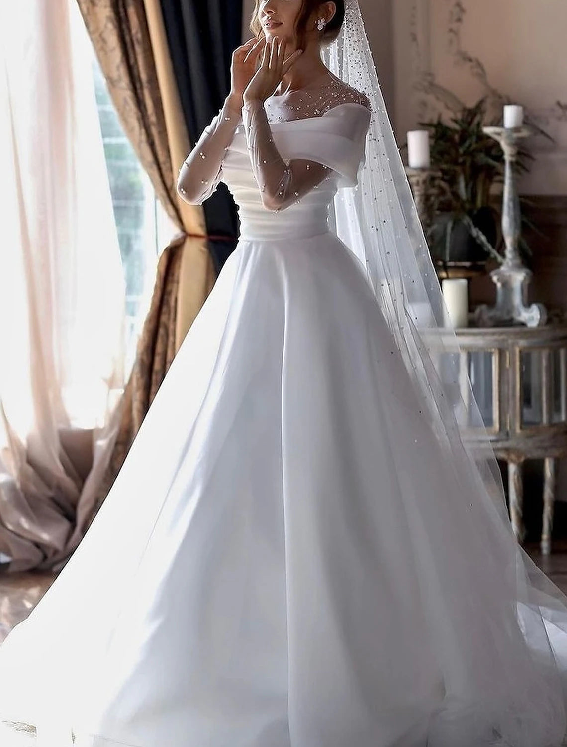 DingJiDress Beach Formal Wedding Dresses A-Line Illusion Neck Long Sleeve Floor Length Tulle Bridal Gowns With Ruched Beading