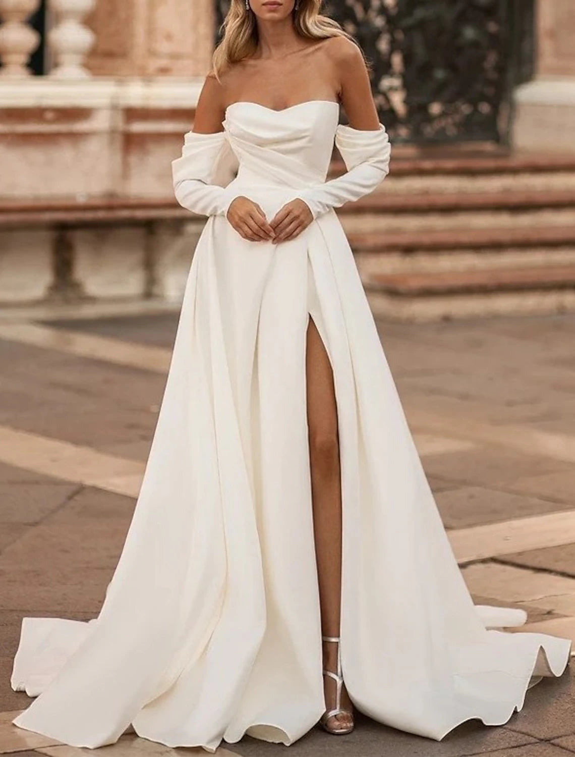 DingJiDress Hall Casual Wedding Dresses A-Line Off Shoulder Long Sleeve Court Train Satin Bridal Gowns With Split Front