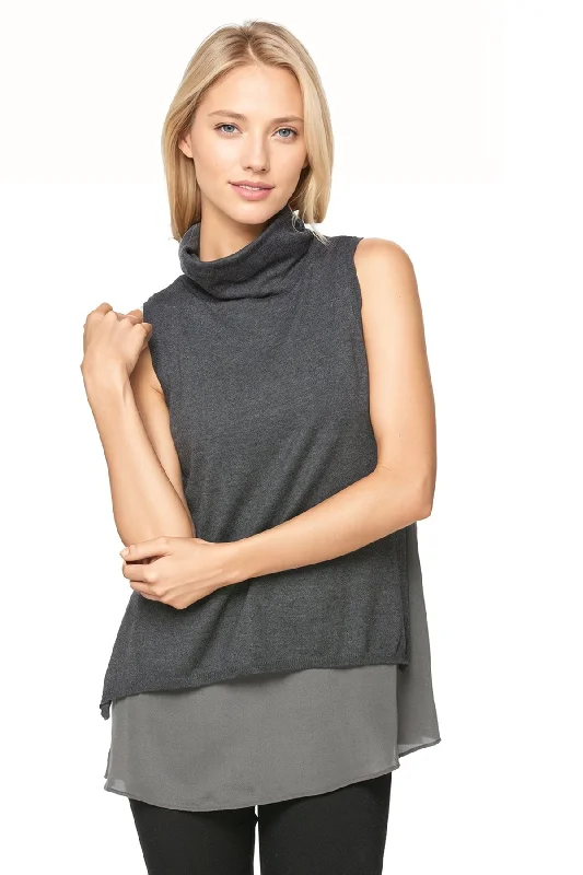 Layered Sleeveless Mock Neck Sweater with Silk Woven