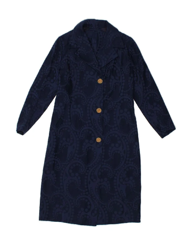 VINTAGE Womens Overcoat UK 10 Small Navy Blue Paisley