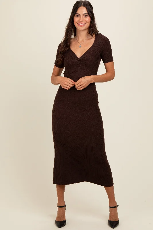 Brown Knit Twisted V-Neck Maxi Dress