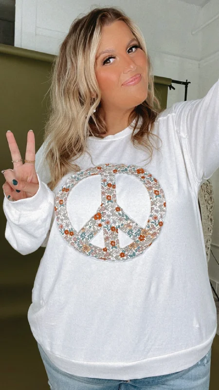 Patchy Floral Peace Sweatshirt, White