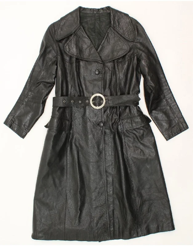 VINTAGE Womens Leather Coat UK 10 Small Black Leather