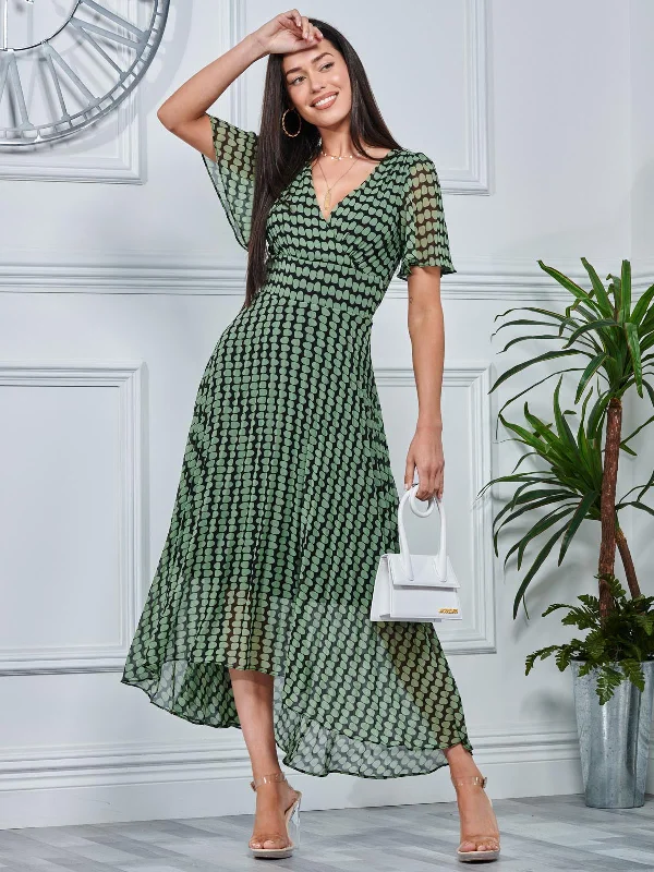 V Neck Pleated Chiffon Maxi Dress, Green Geometric