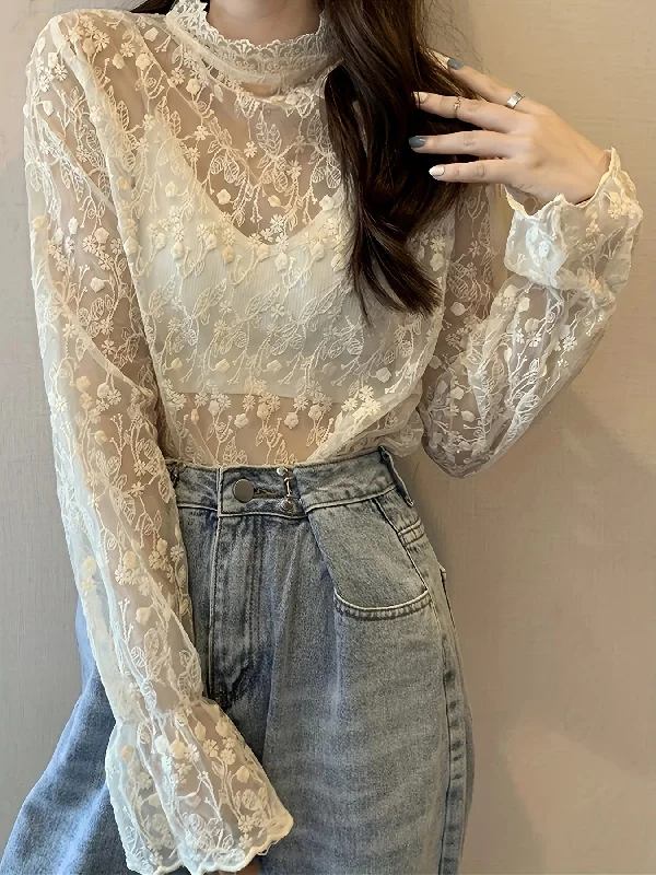 Sixsr Guipure Lace Overlay Flare Sleeve Blouse, Casual Mock Neck Long Sleeve Blouse, Women's Clothing