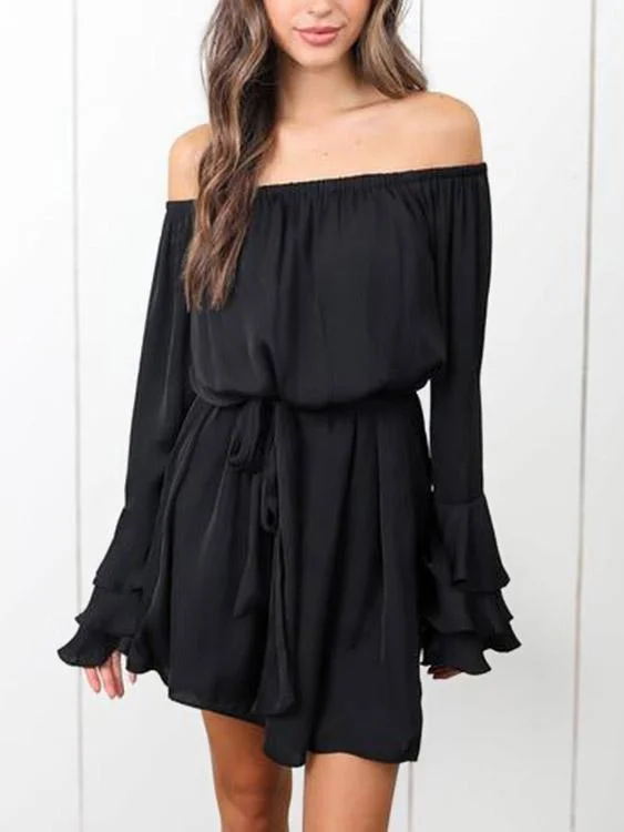 Wholesale Black Off The Shoulder Long Sleeve Plain Ruffle Hem Mini Dress