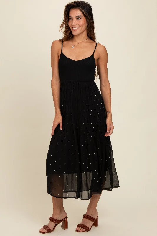 Black Polka Dot Pleated Mesh Overlay Maxi Dress