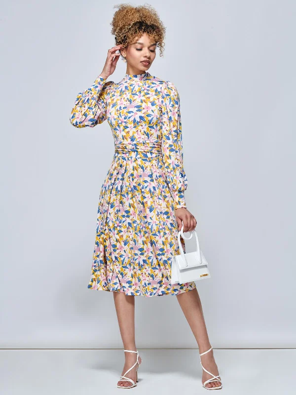 Jolie Moi Vesper Long Sleeve Midi Dress, Yellow Floral