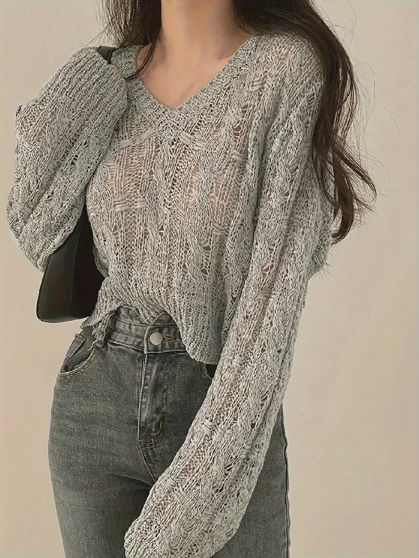 Solid V Neck Pullover Sweater, Casual Long Sleeve Thin Knit Sweater, Women's Clothing