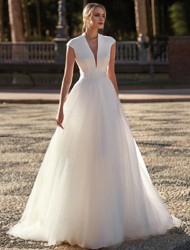 DingJiDress Wedding Dresses A-Line V Neck Short Sleeve Sweep / Brush Train Tulle Bridal Gowns