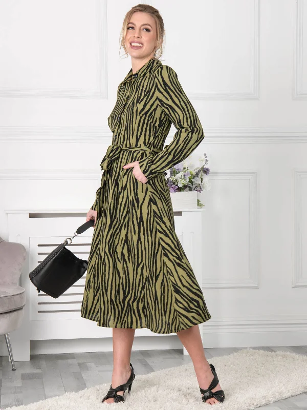 Jolie Moi Shea Viscose Shirt Midi Dress, Green Animal