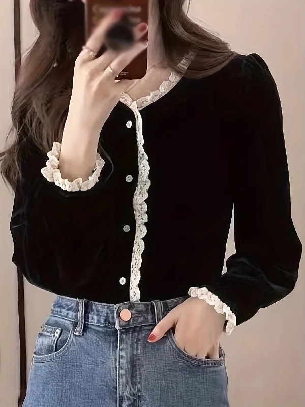 Sixsr Lace Stitching V-neck Velvet Blouse, Vintage Long Sleeve Button Front Blouse For Spring & Fall, Women's Clothing