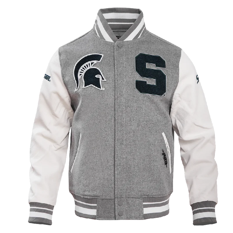 MICHIGAN STATE UNIVERSITY CLASSIC RIB WOOL MEN'S VARSITY JACKET (HEATHER GREY/WHITE)