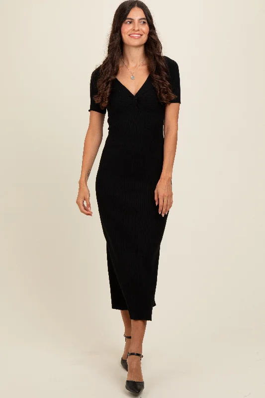 Black Knit Twisted V-Neck Maxi Dress