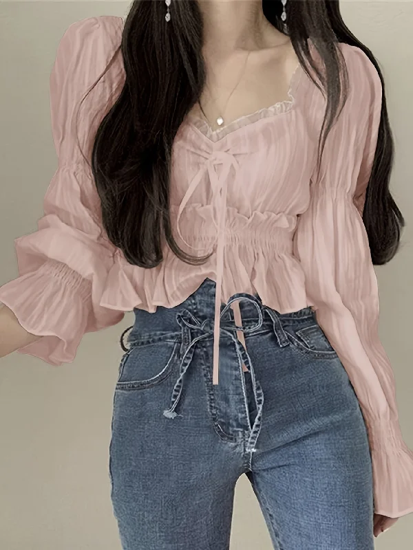 Sixsr Ruffle Trim Sweetheart Neck Blouse, Chic Puff Sleeve Cinched Waist Crop Blouse For Spring & Fall, Women's Clothing