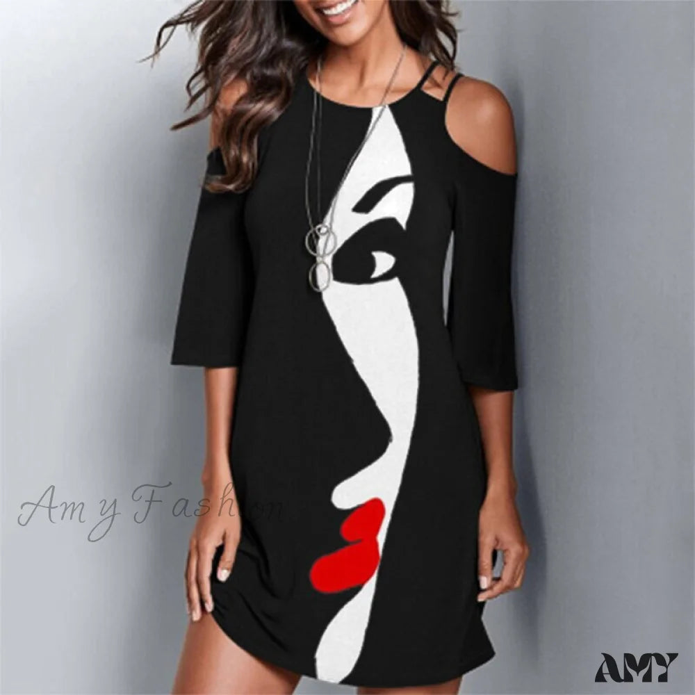 Amy Fashion - Round Neck Mask Printed Mini Dress