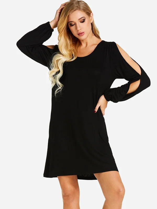 Wholesale Black Cold Shoulder Long Sleeve Plain Cut Out Mini Dress