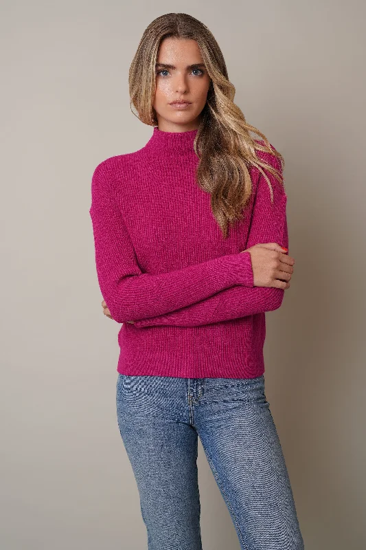 Ribbed Funnel Neck Sweater with Slit Cuff