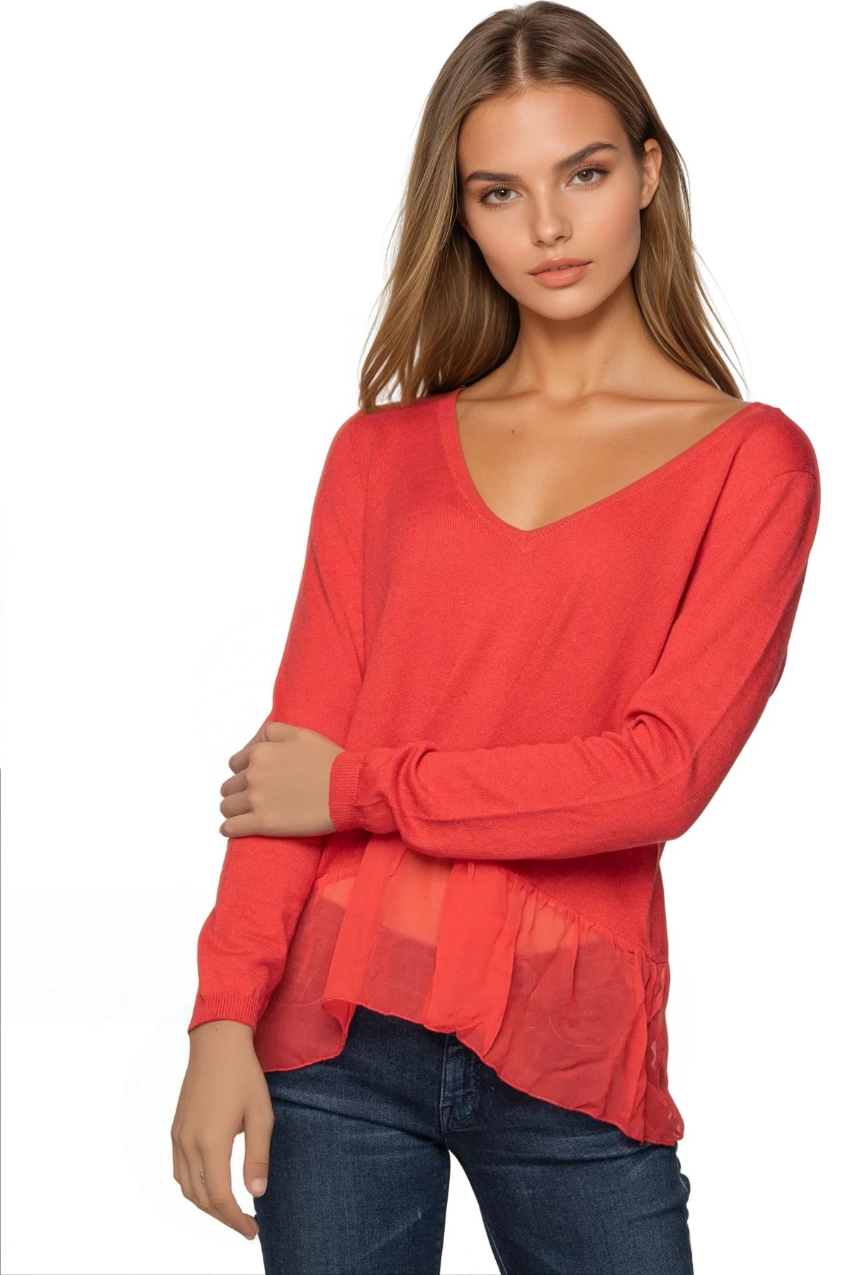 Luxury V-Neck Sweater with Silk Chiffon Elegance