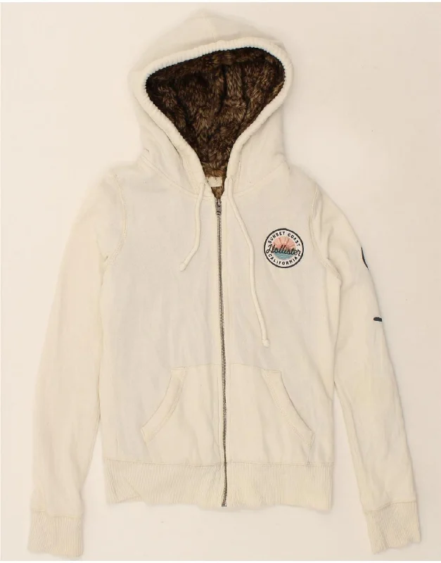 HOLLISTER Womens Hooded Bomber Sherpa Jacket UK 10 Small White Cotton