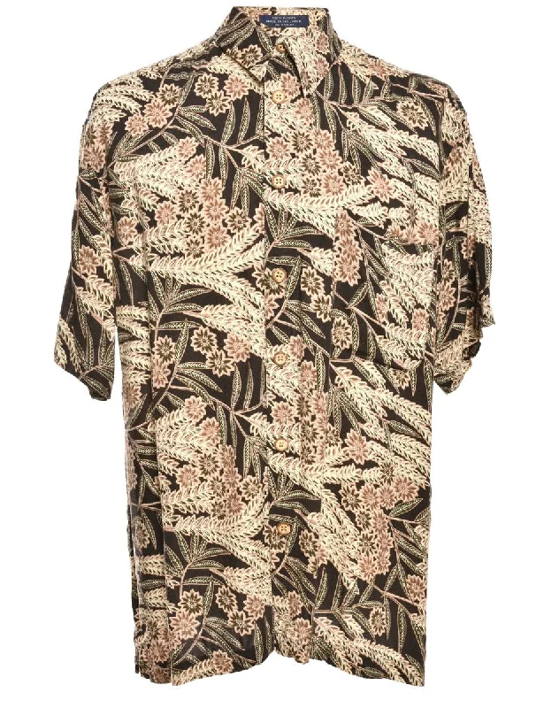 Leafy Print Black & Cream Short Sleeve Hawaiian Shirt - M