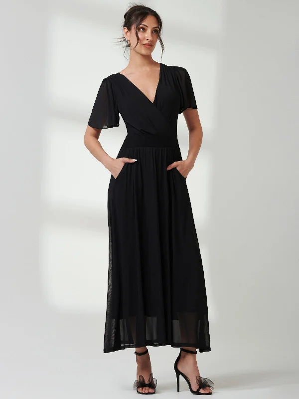 Angel Sleeve Mesh Maxi Dress, Black