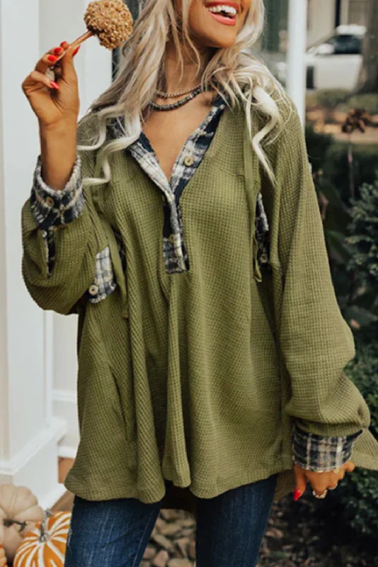 Green Waffle Knit and Flannel Henley Oversized Hoodie